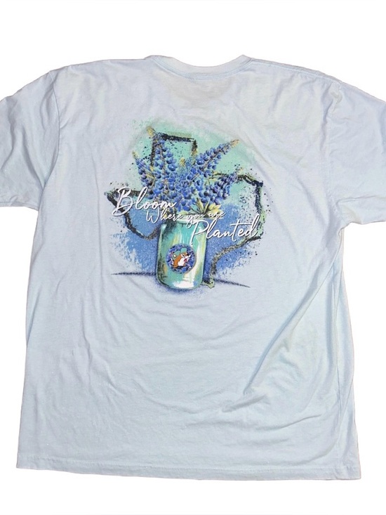 Buc-Ees Tops - Buc-ee’s ~ X-Large ~ Blooms Where You Are Planted Texas Blue Bonnets ~Blue Shirt